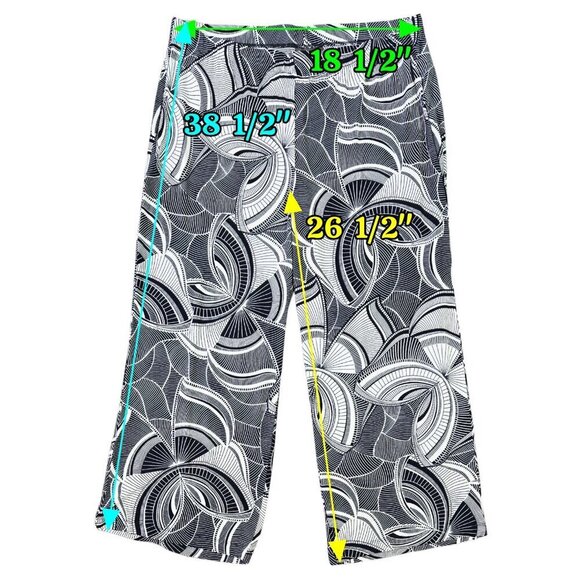 Chico's Travelers Navy Blue White Abstract Floral Fan Pull On Wide Leg Pants - Picture 2 of 10